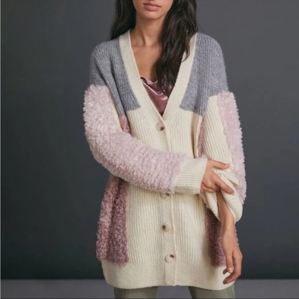 Anthropologie Colorblock Cozy Knit Cardigan in Gray, Pink, Cream